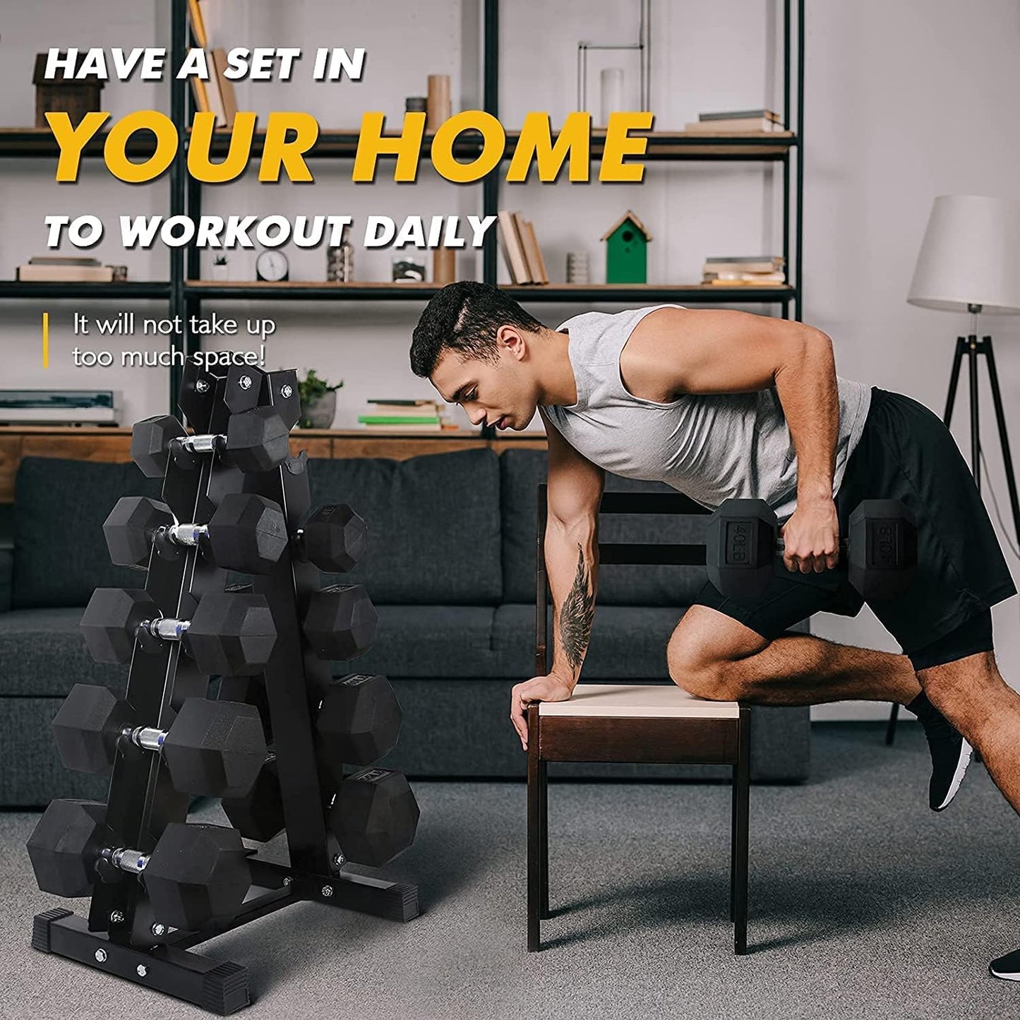 5-300LBS Rubber Encased Hex Dumbbell Sets with Optional Rack