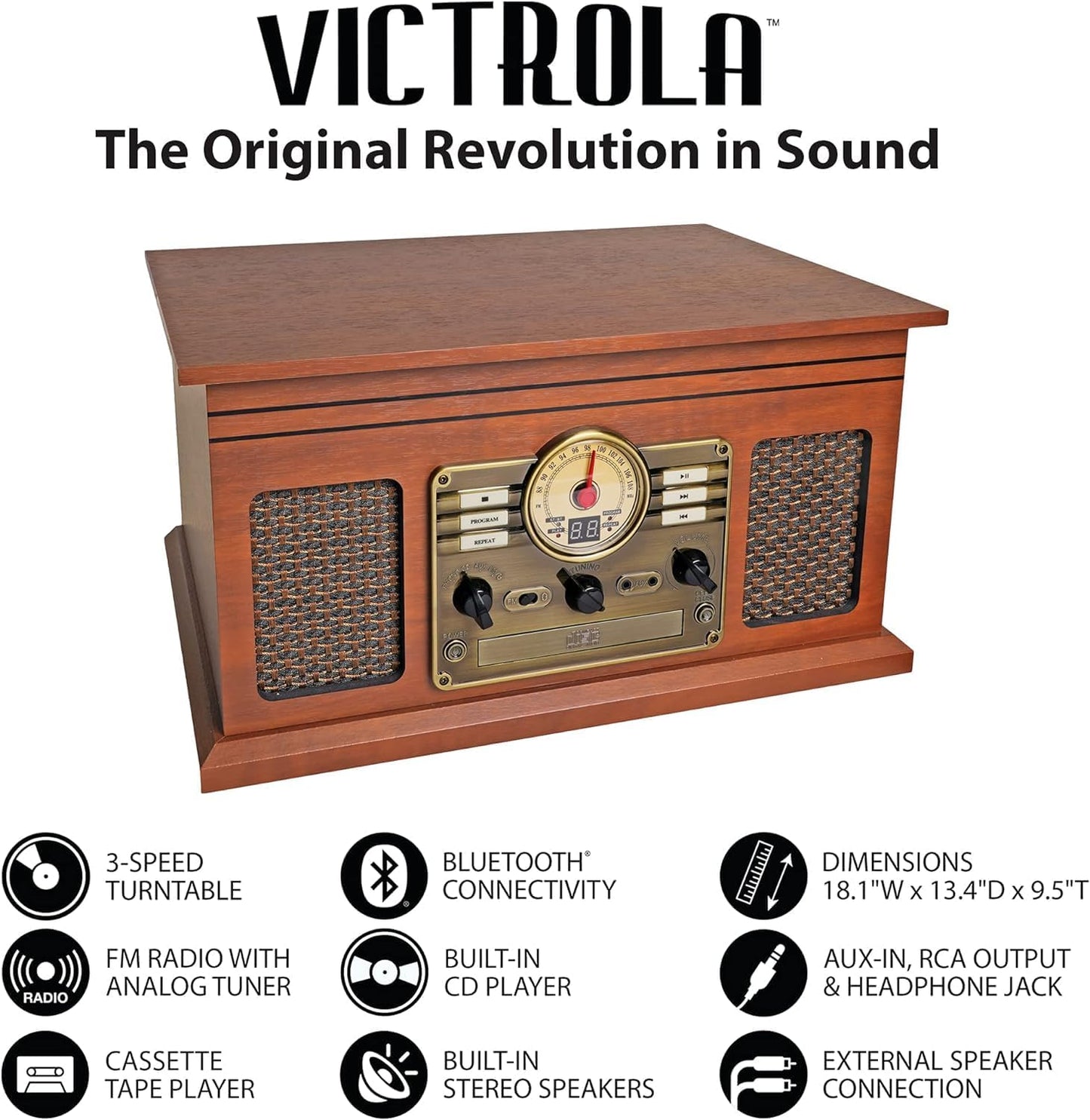 Nostalgic 6-In-1 Bluetooth Record Player & Multimedia Center with Built-In Speakers - 3-Speed Turntable, CD & Cassette Player, FM Radio | Wireless Music Streaming | Mahogany