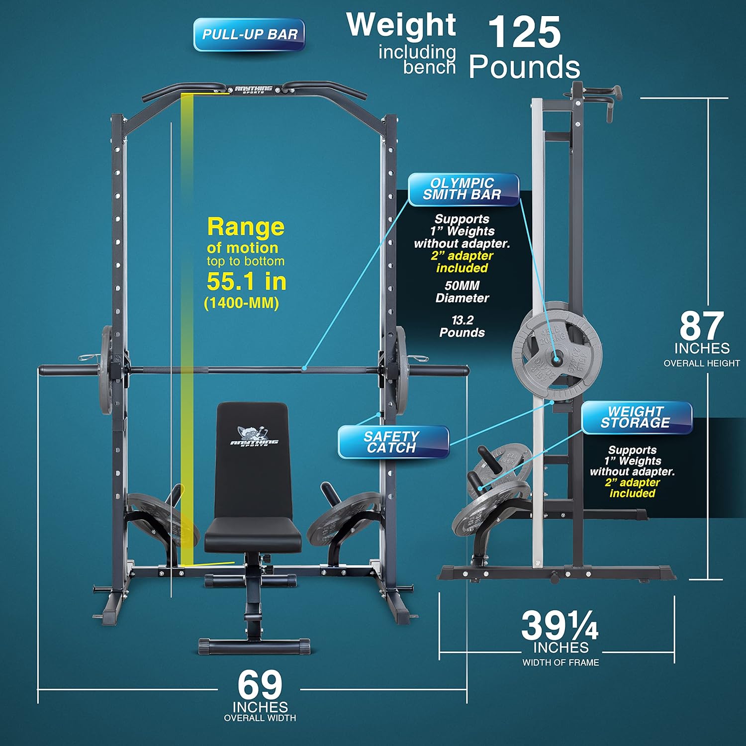Compact Smith Machine with Adjustable Bench