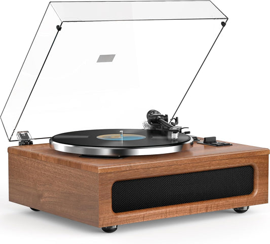 All-In-One Vintage Record Player High Fidelity Belt Drive Turntable for Vinyl Records Built-In 2 Tweeter and 2 Bass Stereo Speakers, Vinyl Player with MM Cartridge, Bluetooth, Aux-In, RCA, Auto Stop