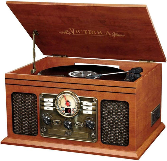 Nostalgic 6-In-1 Bluetooth Record Player & Multimedia Center with Built-In Speakers - 3-Speed Turntable, CD & Cassette Player, FM Radio | Wireless Music Streaming | Mahogany