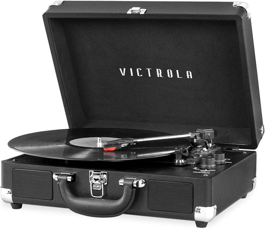 Vintage 3-Speed Bluetooth Portable Suitcase Record Player with Built-In Speakers | Upgraded Turntable Audio Sound|Black, Model Number: VSC-550BT-BK